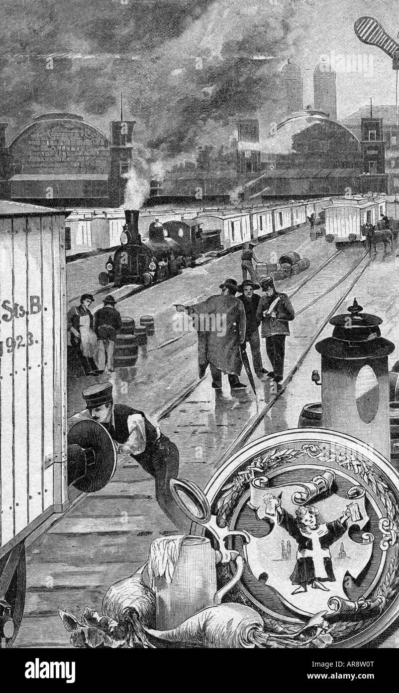 Geografie/Reisen, Deutschland, München, Transport/Transport, Eisenbahn, Hauptbahnhof, Güterbahnhof, Holzgravur, ca. 1890, Stockfoto