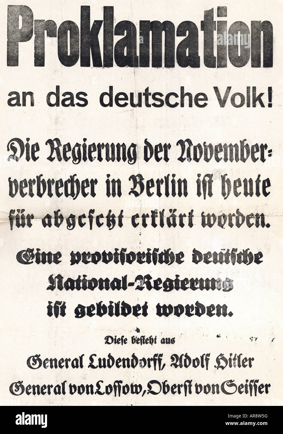 Veranstaltungen, Bierhalle Putsch 1923, "Proklamation an das deutsche Volk!", Plakat, München 8./9.11.1923, , Stockfoto