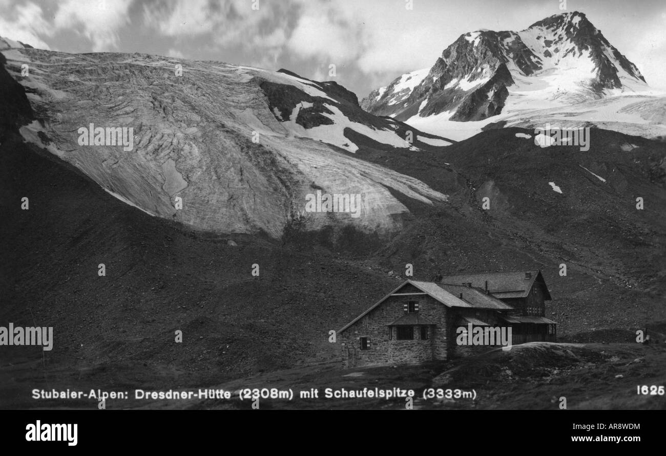 Geographie/Reise, Österreich, Landschaften, Stubaier Alpen, Dresdner Hütte, Fernaufanner, Schaufelferner und Schaufelspitze, ca. 1930, Stockfoto