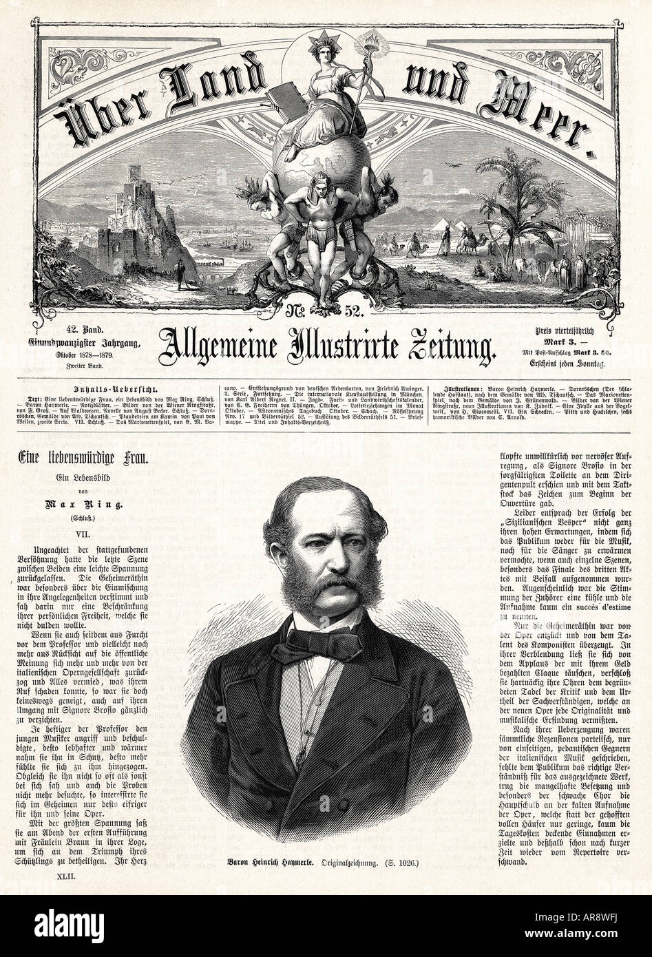 Presse / Medien, Zeitschriften / Magzines, "ueber Land und Meer", Nr. 52, 21. Band, 1878 - 1879, Cover, Porträt Baron Heinrich Haymerle, Stockfoto