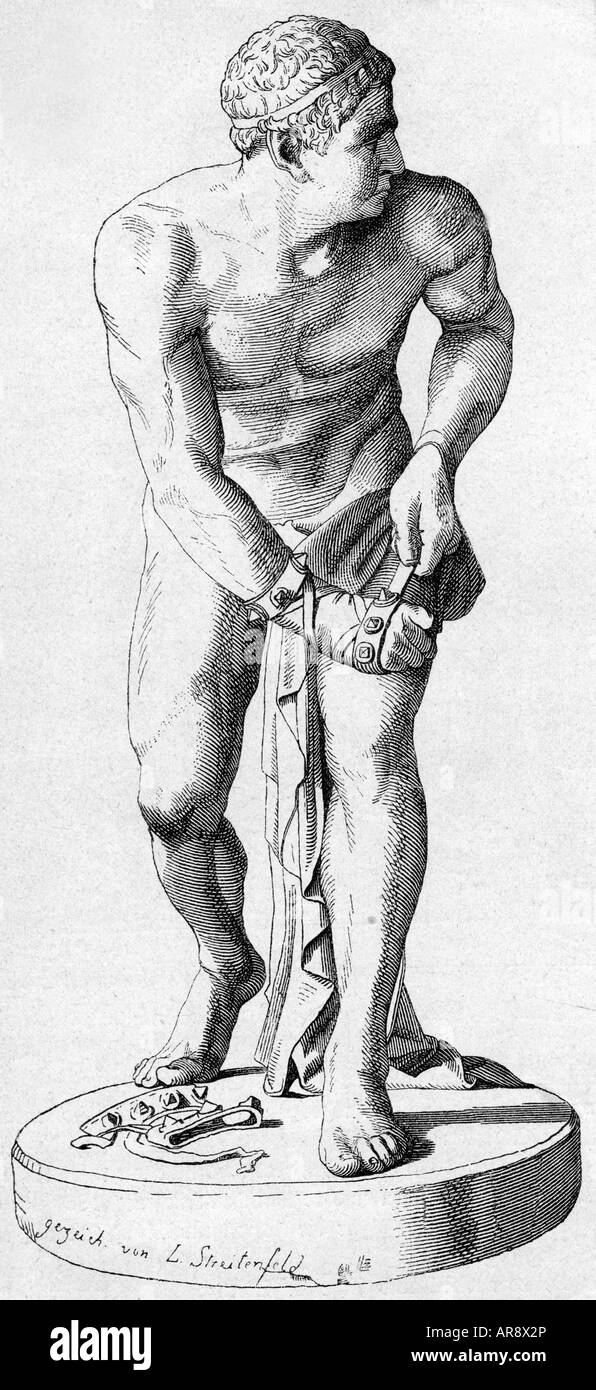 Sport, olympische Spiele, olympia, alte Welt, Statue, Faustkämpfer bei den olympischen Spielen, Statue von Hans Gasser, Holzgravur nach Zeichnung von L. Streitenfeld, 19. Jahrhundert, Griechenland, Faustkampf, Kampf, Sport, Sportler, Xylographie, historisch, historisch, alte Welt, Menschen, Stockfoto