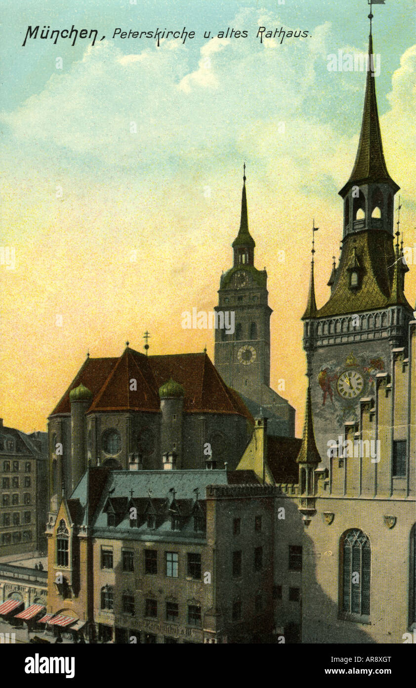 Geografie/Reisen, Deutschland, München, Kirchen, St. Peters Kirche, Außenansicht, Postkarte, Ottmar Zierer Verlag, gestempelt am 13.12.1918, Stockfoto