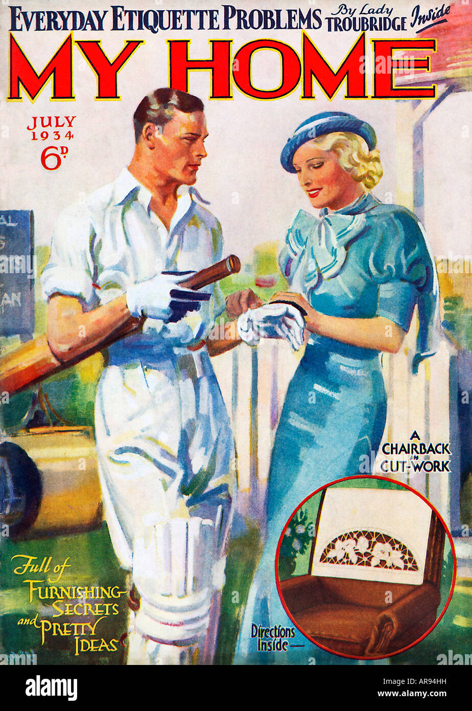 Mein Home Cricket-Cover von den 1930er Jahren Wohn- und Lifestyle Frauen Magazin eine Kerl geholfen wird machen Sie sich bereit für die Falte Stockfoto