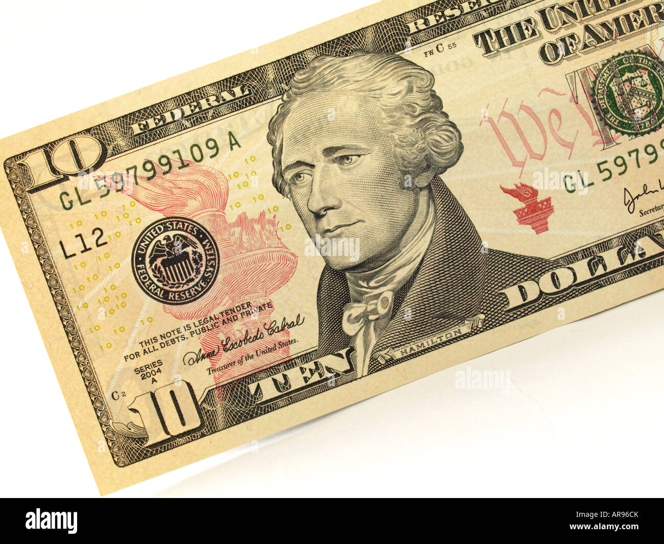 Detail des neuen amerikanischen 10 00 zehn-Dollar-Schein oder vor kurzem herausgegeben von der United States Treasury Note Stockfoto