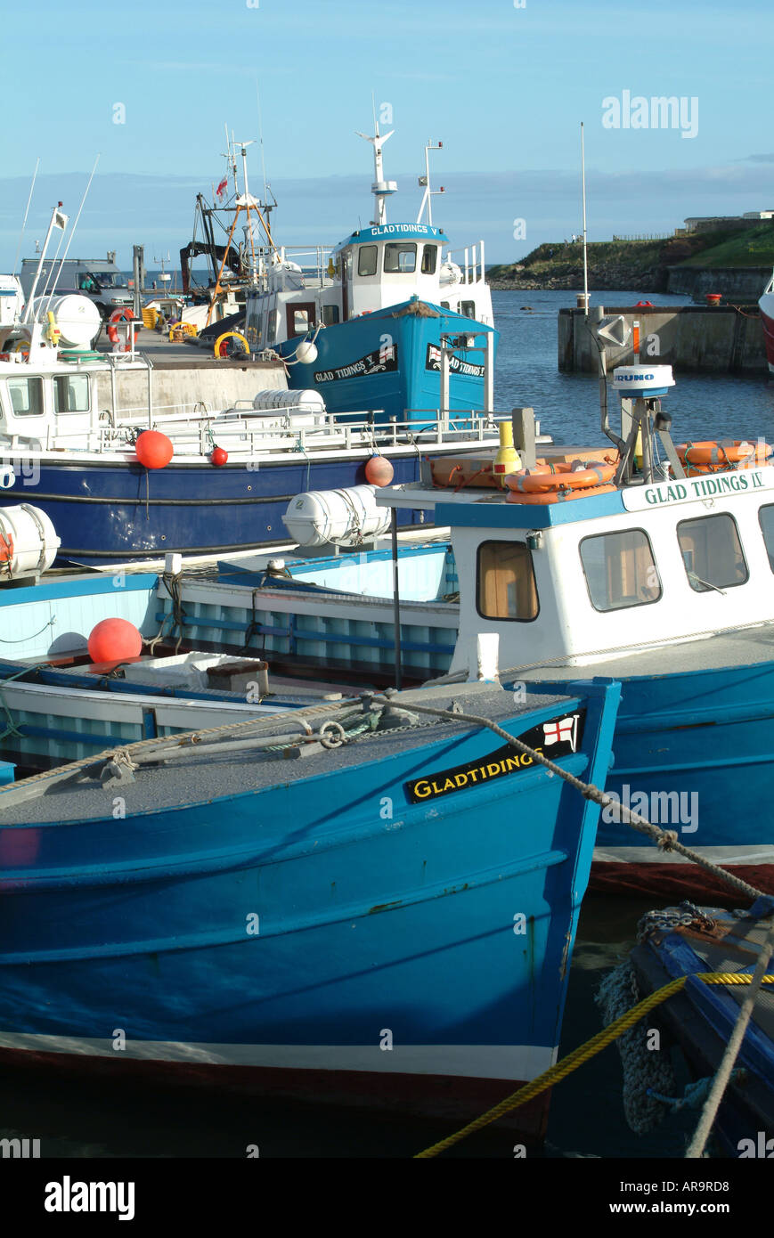 Angelboote/Fischerboote und Freizeitschifffahrt auf gemeinsame Hafen Northumberland Stockfoto