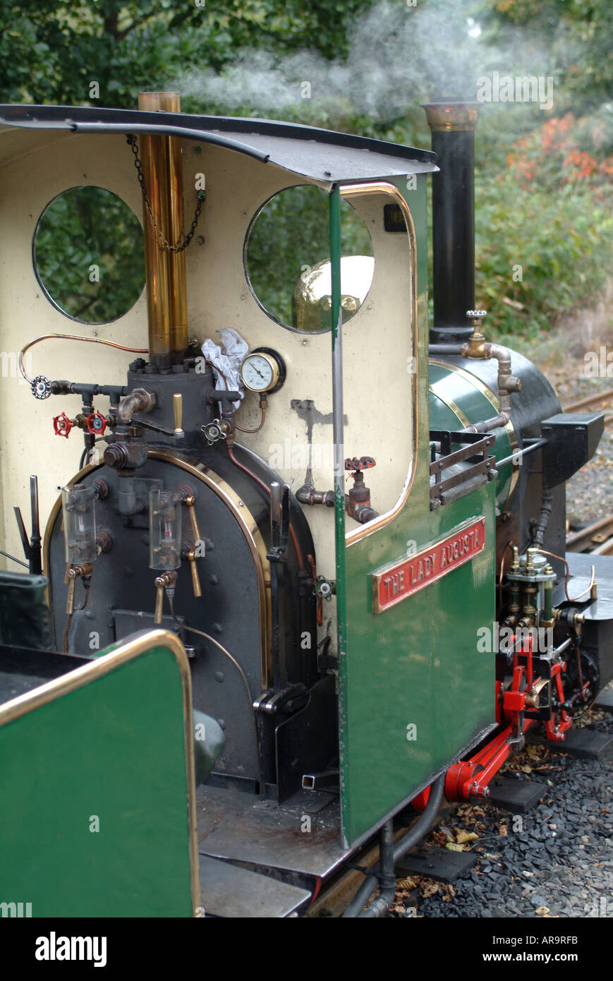Die Dame Augusta Miniatur Dampfmaschine an der Heatherslaw Mühle Feldbahn Northumberland England Vereinigtes Königreich Großbritannien Stockfoto