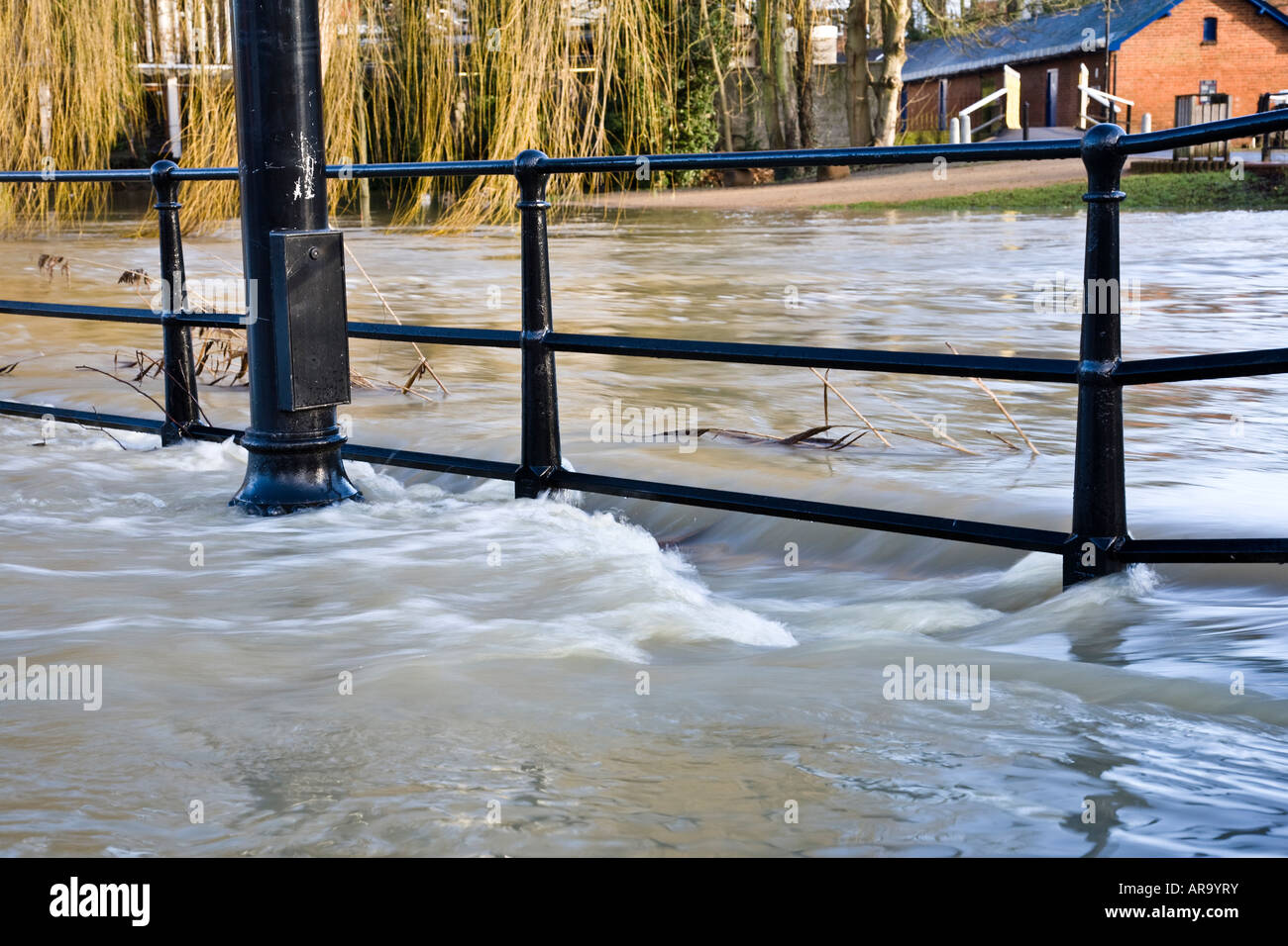 Die überfluteten Fluss Wey verschlingt eine Uferpromenade in Guildford Stadtzentrum Guildford, Surrey, England. Stockfoto