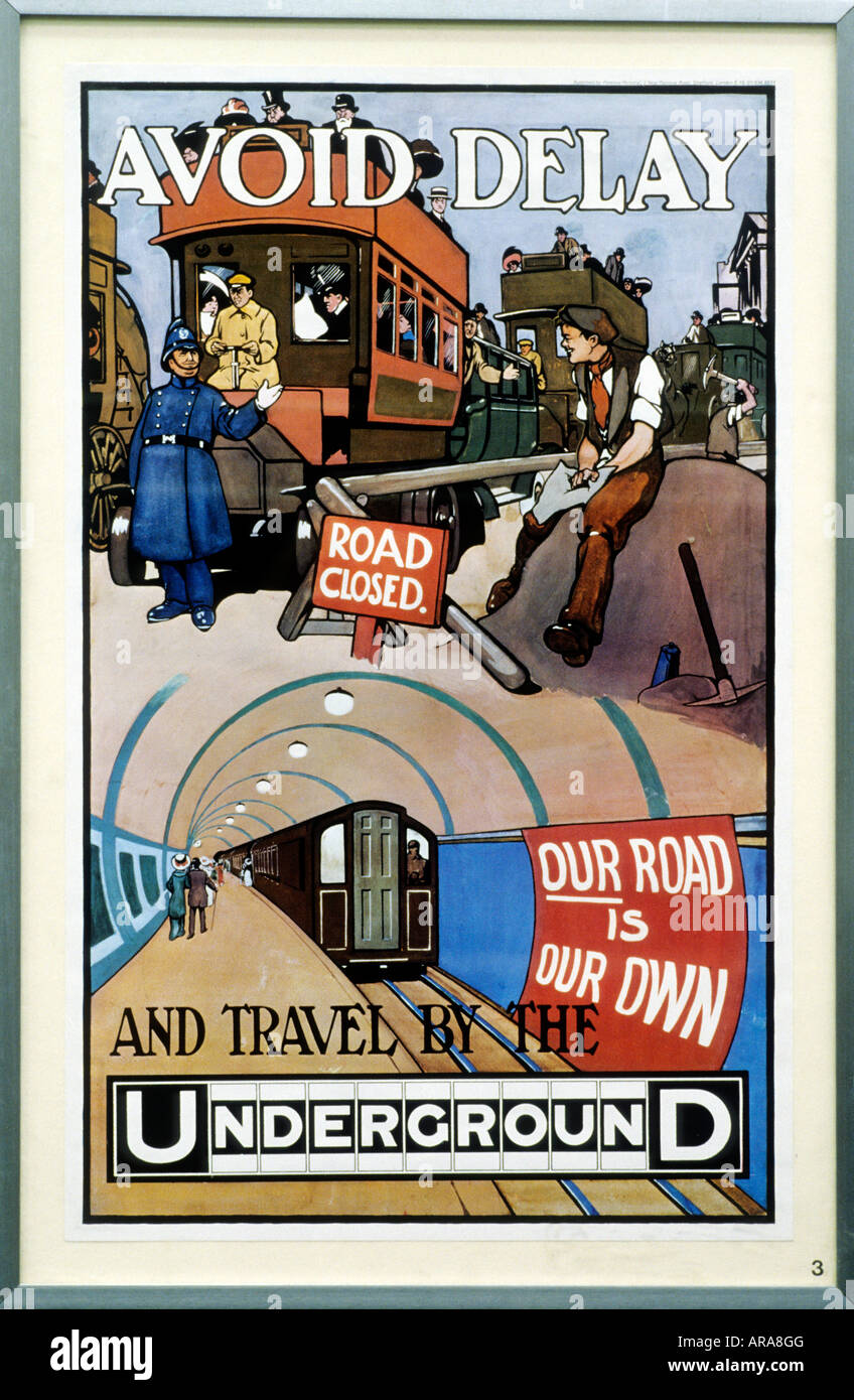 London Transport Museum Werbung Plakat 1910 Edwardian England UK Verkehr Stau Stau Strasse Transportröhrchen Zug Verspätung Straße Stockfoto