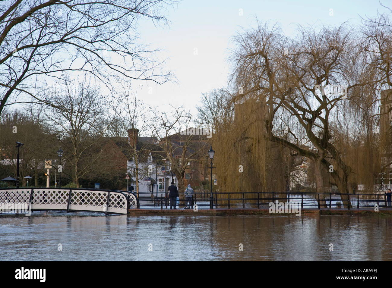 Ein paar Anzeigen und die Fluten über eine Brücke über die überfluteten Fluss Wey in Guildford, Surrey, England. Stockfoto