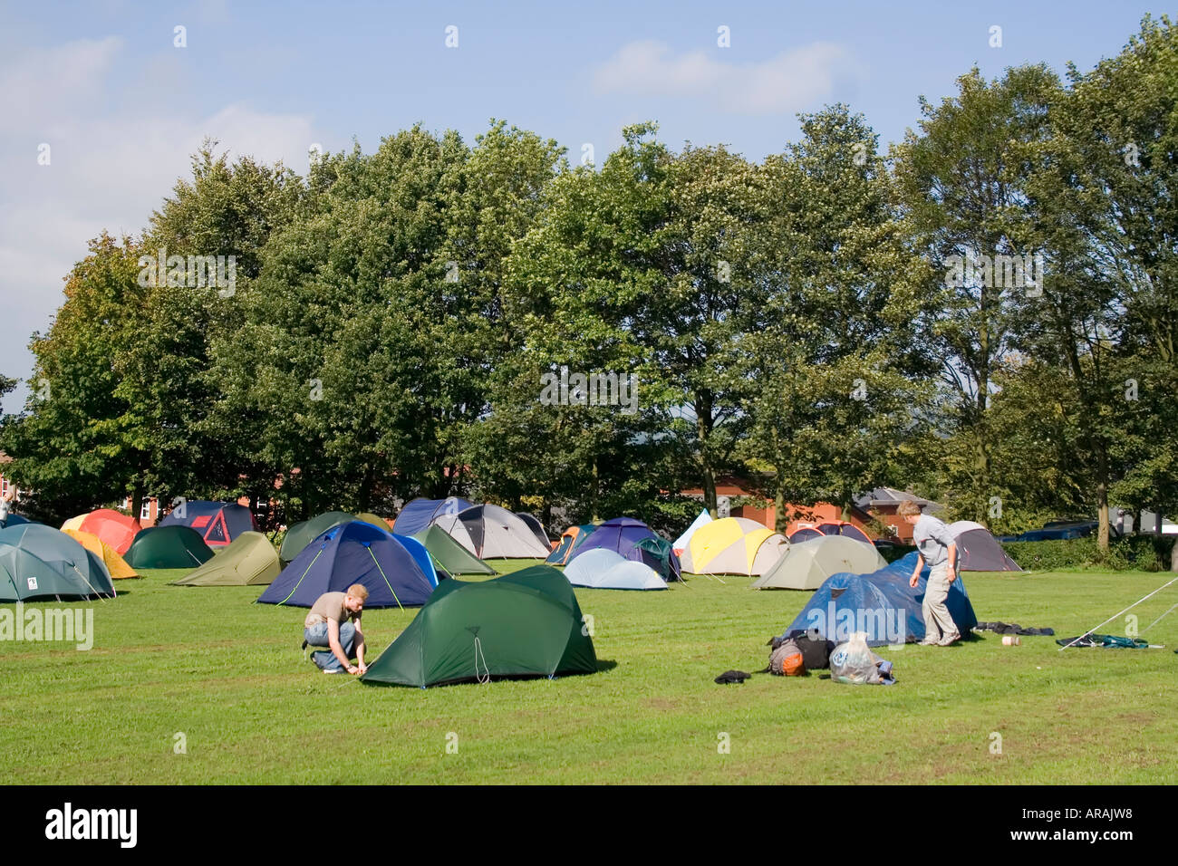 Errichtung von Zelten in einem Feld Lauch England UK Stockfoto