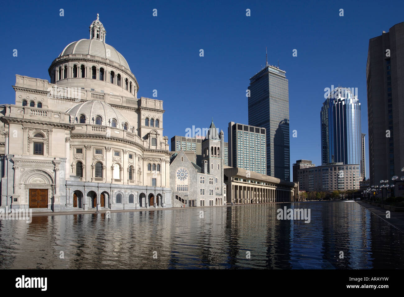 Erste Kirche von Christ, Wissenschaftler. Christian Science Plaza, Back Bay, Boston, Massachusetts, USA Stockfoto