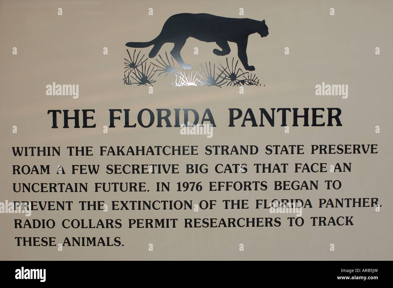 Melden Sie in den Fakahatchee Strand State Park in den Everglades, die Information der Besucher über die prekäre Lage der Florida Panther Stockfoto