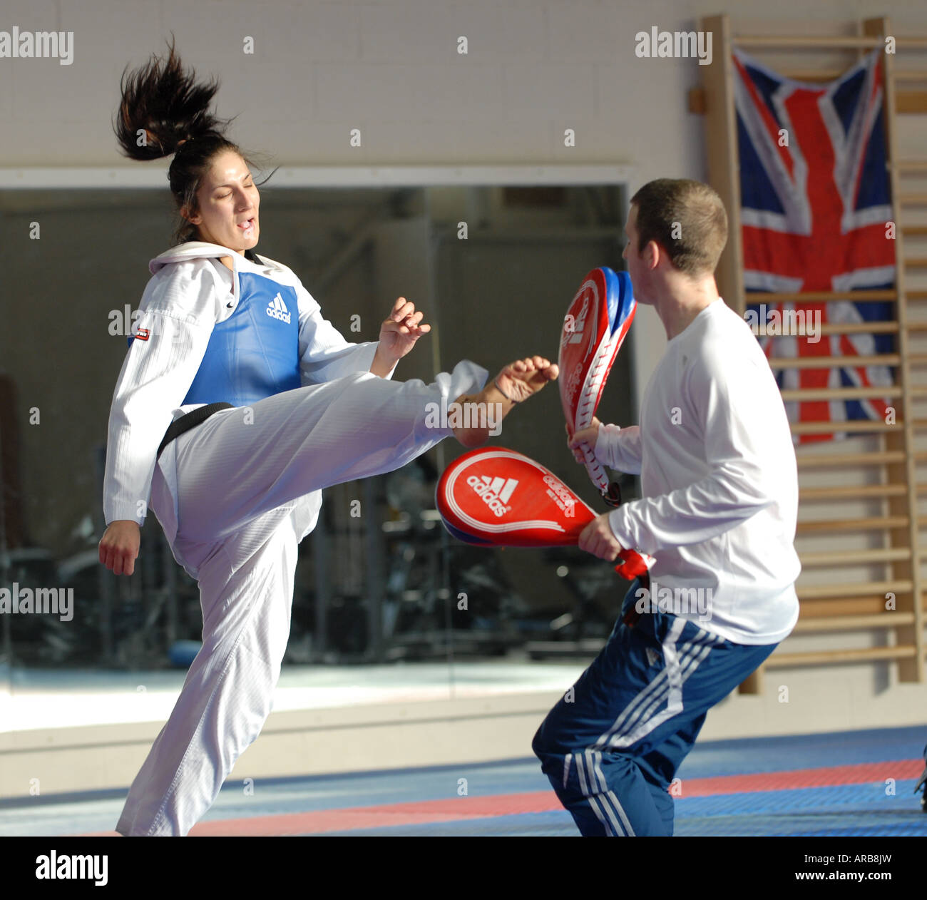 Fotograf Howard Barlow Taekwondoin Sarah Stevenson mit dem britischen Team training Stockfoto