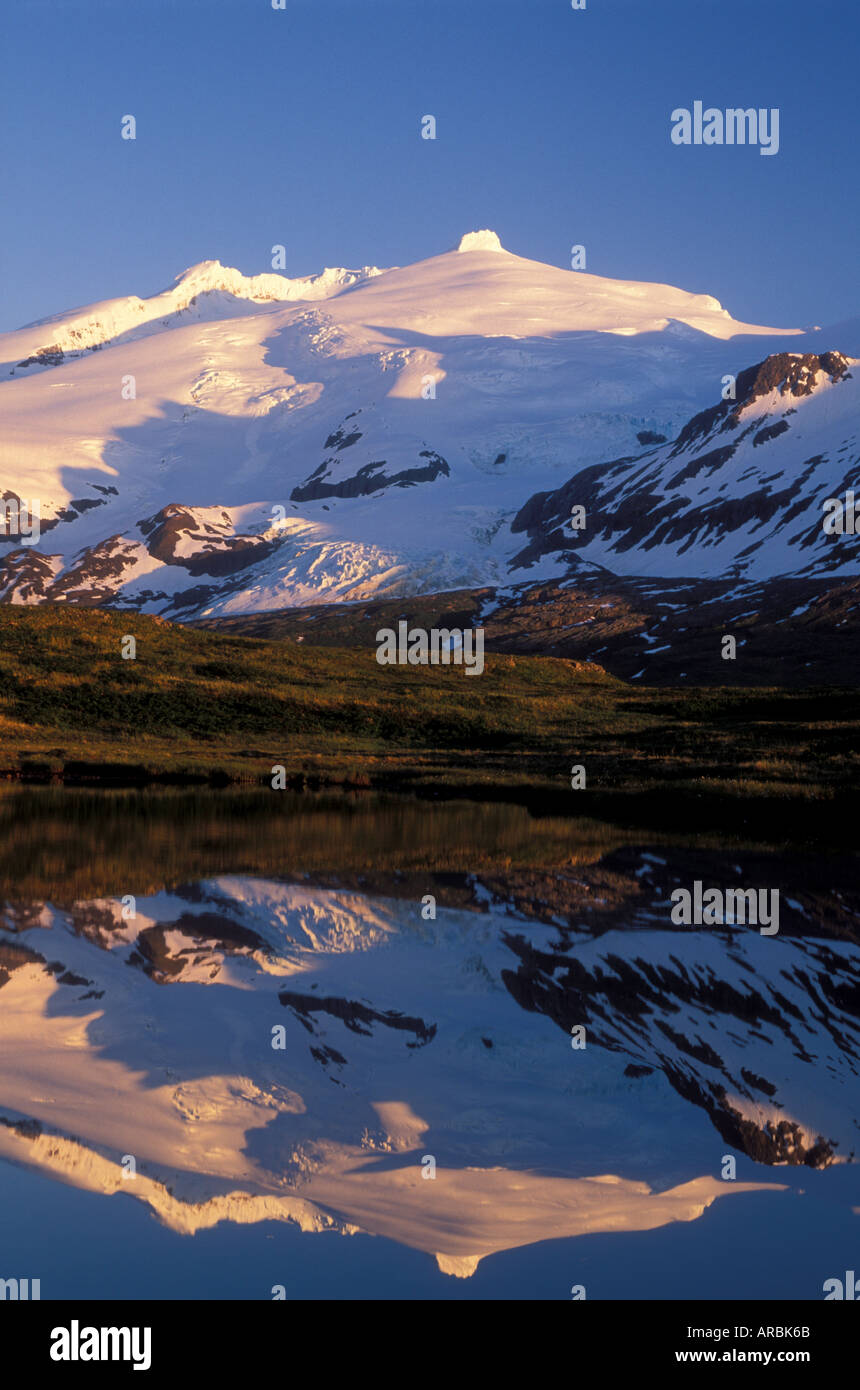 Mount Douglas und die Fourpeaked Berge Vulkane Reflexion im kleinen See Katmai Nationalpark Alaska USA Stockfoto