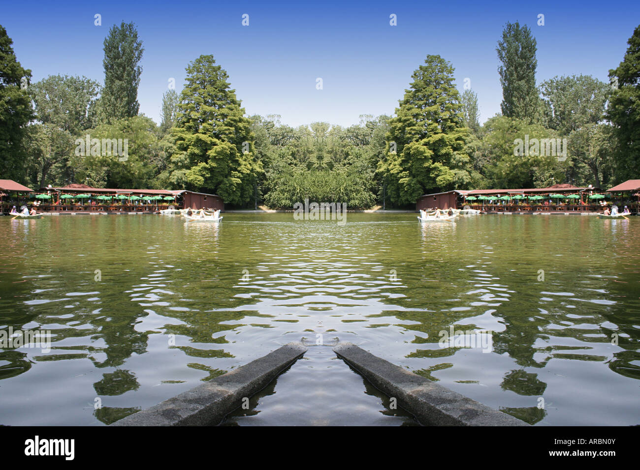 grünen Wald auf einem Fluss Stockfoto