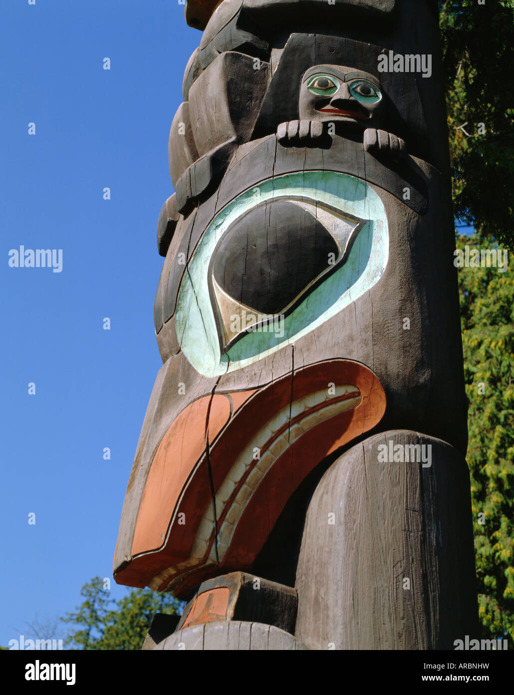 Nahaufnahme von geschnitzten Totem in Vancouver, British Columbia, Kanada Stockfoto