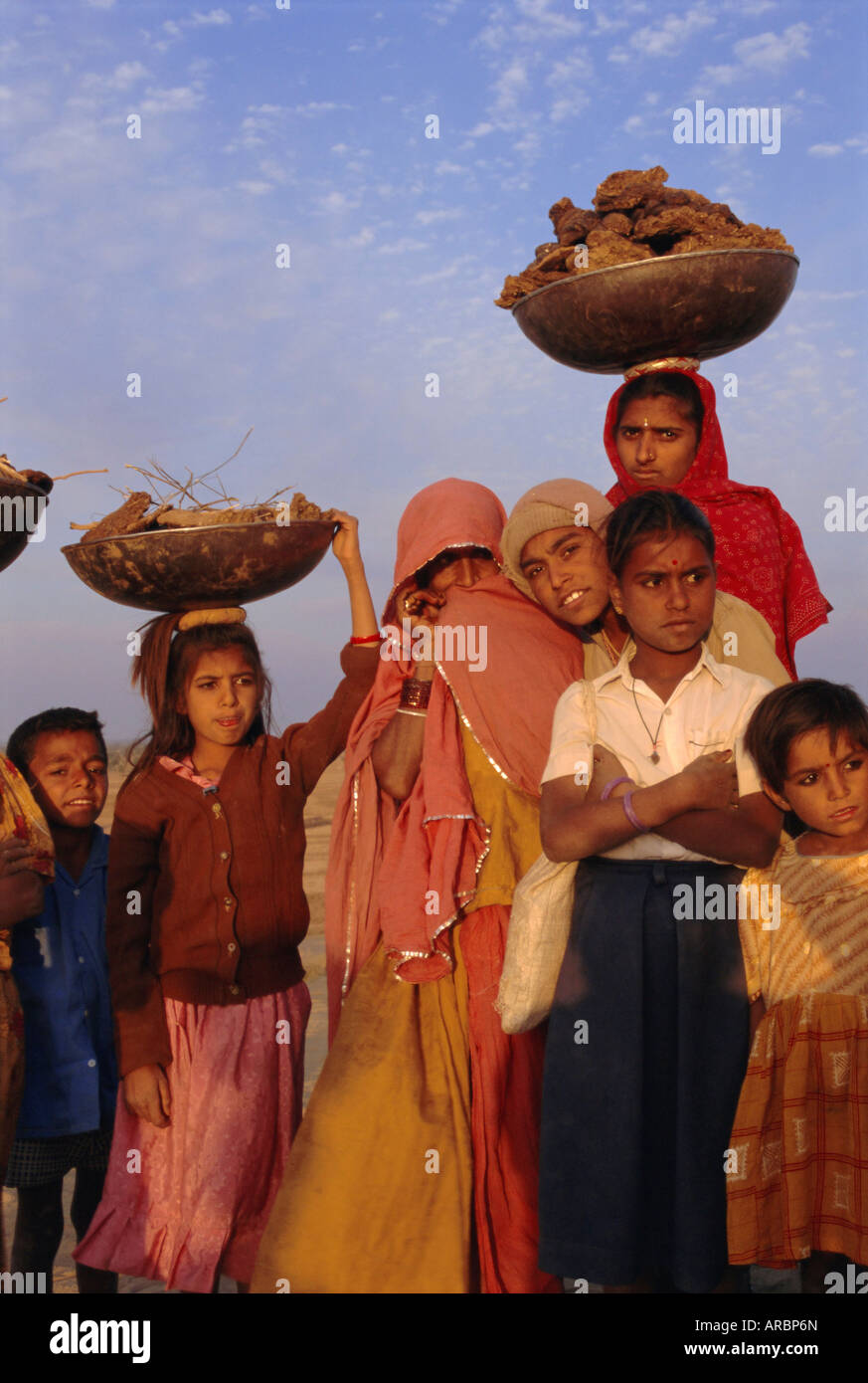Frauen und Kinder sammeln Kot für ihre Kochfeuer, in der Nähe von Khimsar, Rajasthan, Indien Stockfoto