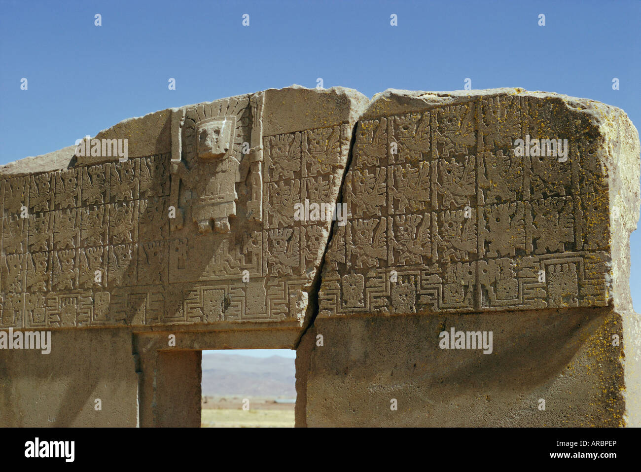 Sonnentor, Aymara-Kultur, 600 n. Chr., archäologische Stätte, Tiahuanaco, Bolivien, Südamerika Stockfoto