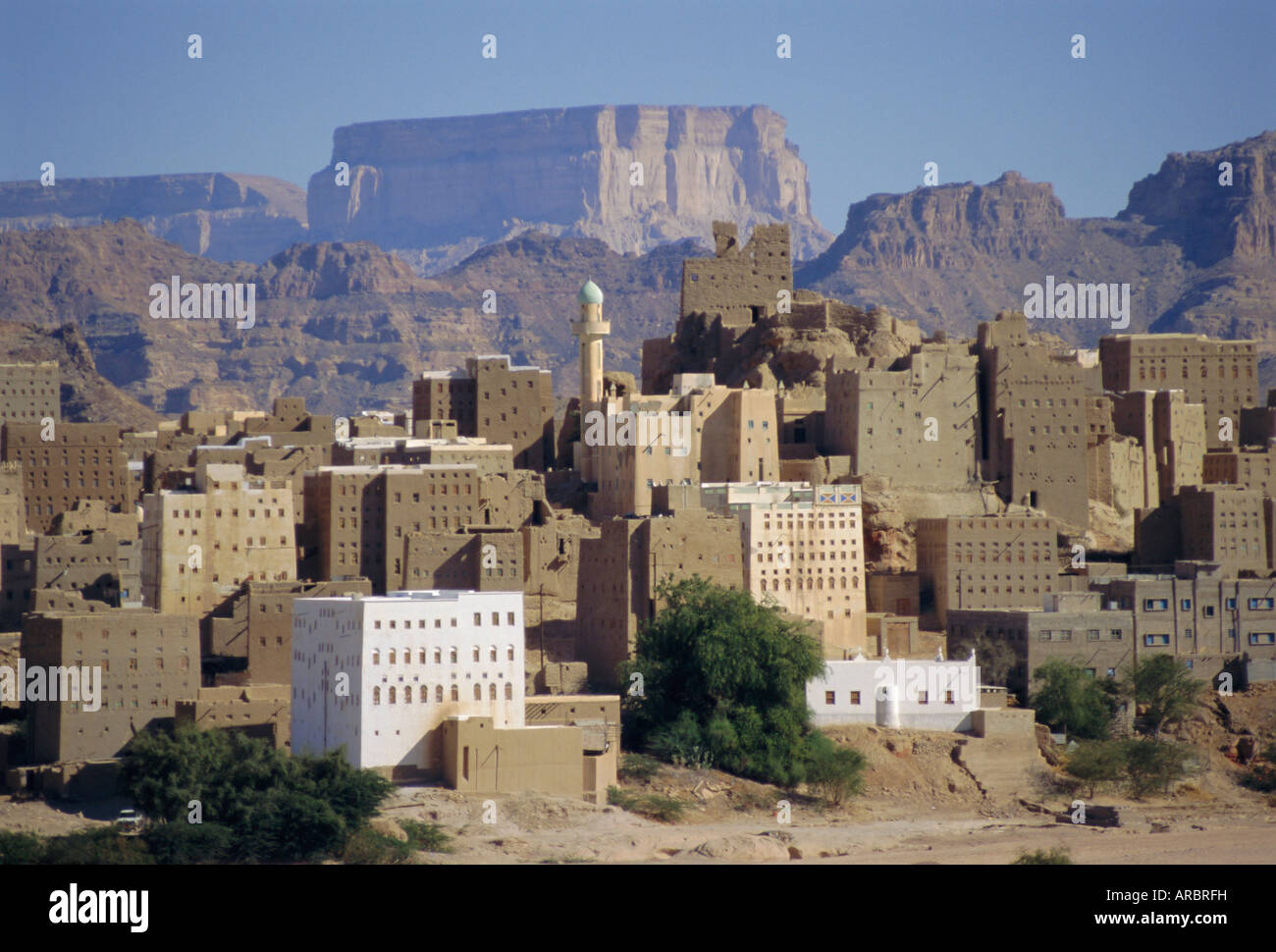 Mehrgeschossige Lehmziegel Häuser, Habban, untere Hadramaut, Jemen, Nahost Stockfoto