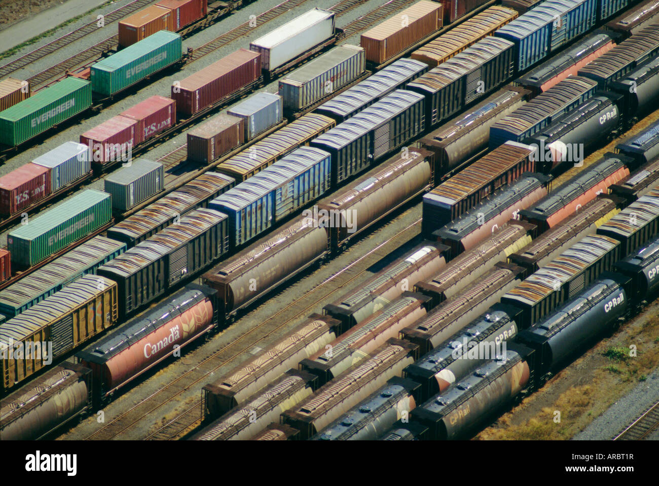 Güterwagen auf der Canadian Pacific Railway am Hafen von Vancouver, Vancouver, Britisch-Kolumbien, Kanada Stockfoto