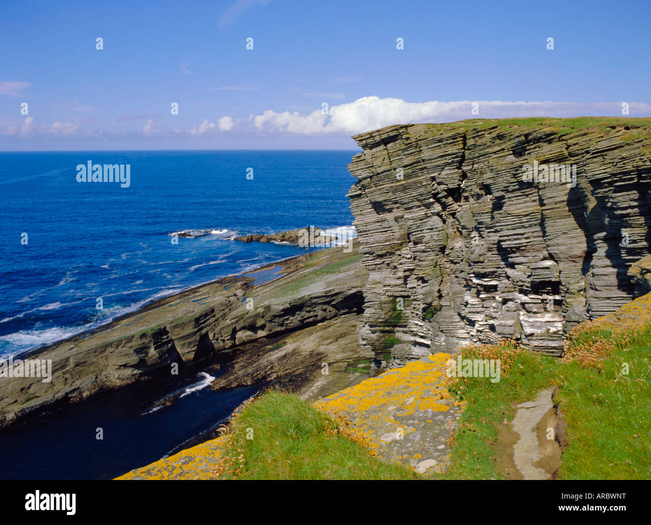 Klippen am Brough of Birsay aus dem Festland, Orkney Inseln, Schottland, UK, Europa Stockfoto