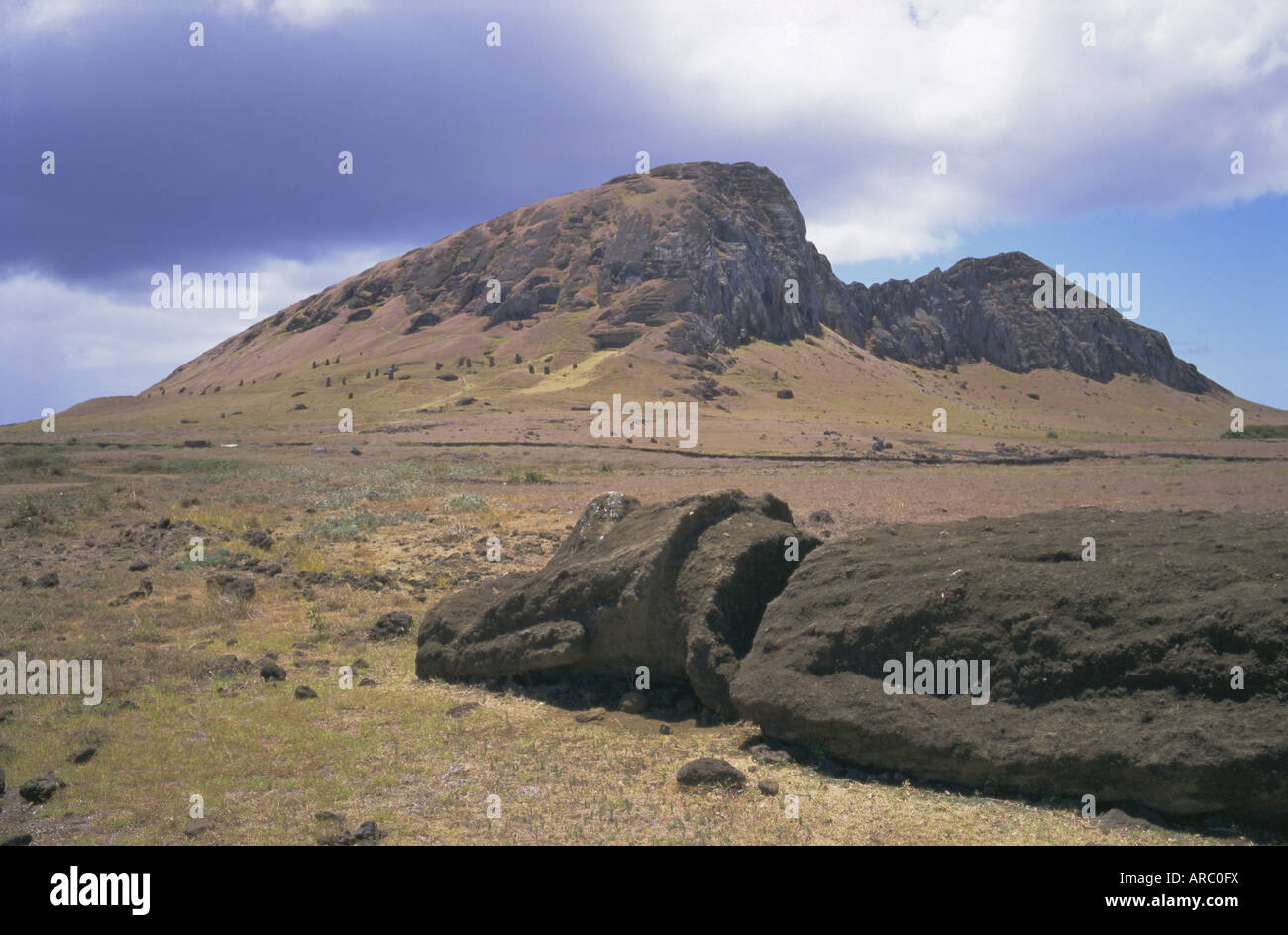 Geburtsstätte der Moais, mit zahlreichen Köpfen hinterlassen Pisten, Volcan Rano Raraku, Nationalpark Rapa Nui, Osterinsel, Chile Stockfoto