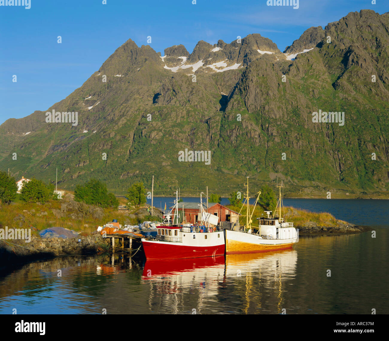Angelboote/Fischerboote in Austnesfjorden, Lofoten-Inseln, Nordland, Norwegen, Skandinavien, Europa Stockfoto