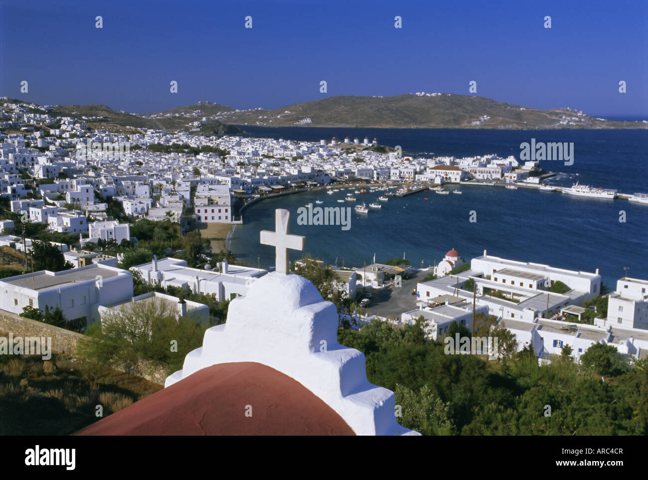 Erhöhten Blick auf Stadt, Mykonos (Chora), Kykladen, Griechenland, Europa Stockfoto