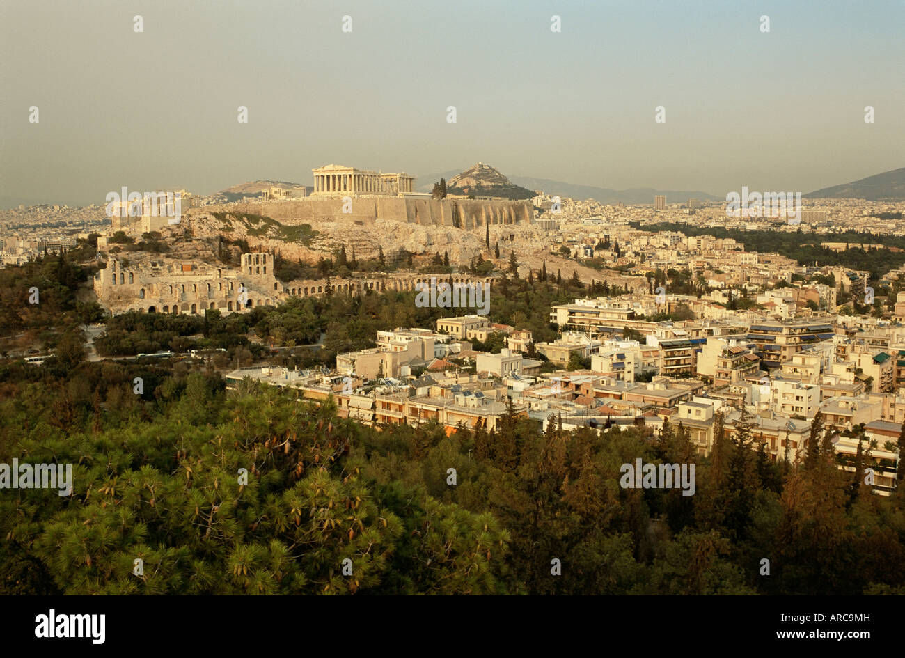 Die Akropolis aus dem Pnyx-Hügel, Athen, Griechenland, Europa Stockfoto