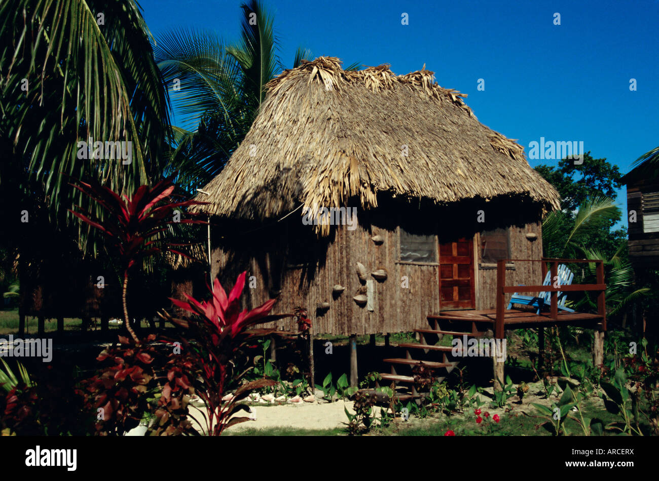 Typischen strohgedeckten Holzhütte auf der Insel Caye Caulker, Belize, Mittelamerika Stockfoto