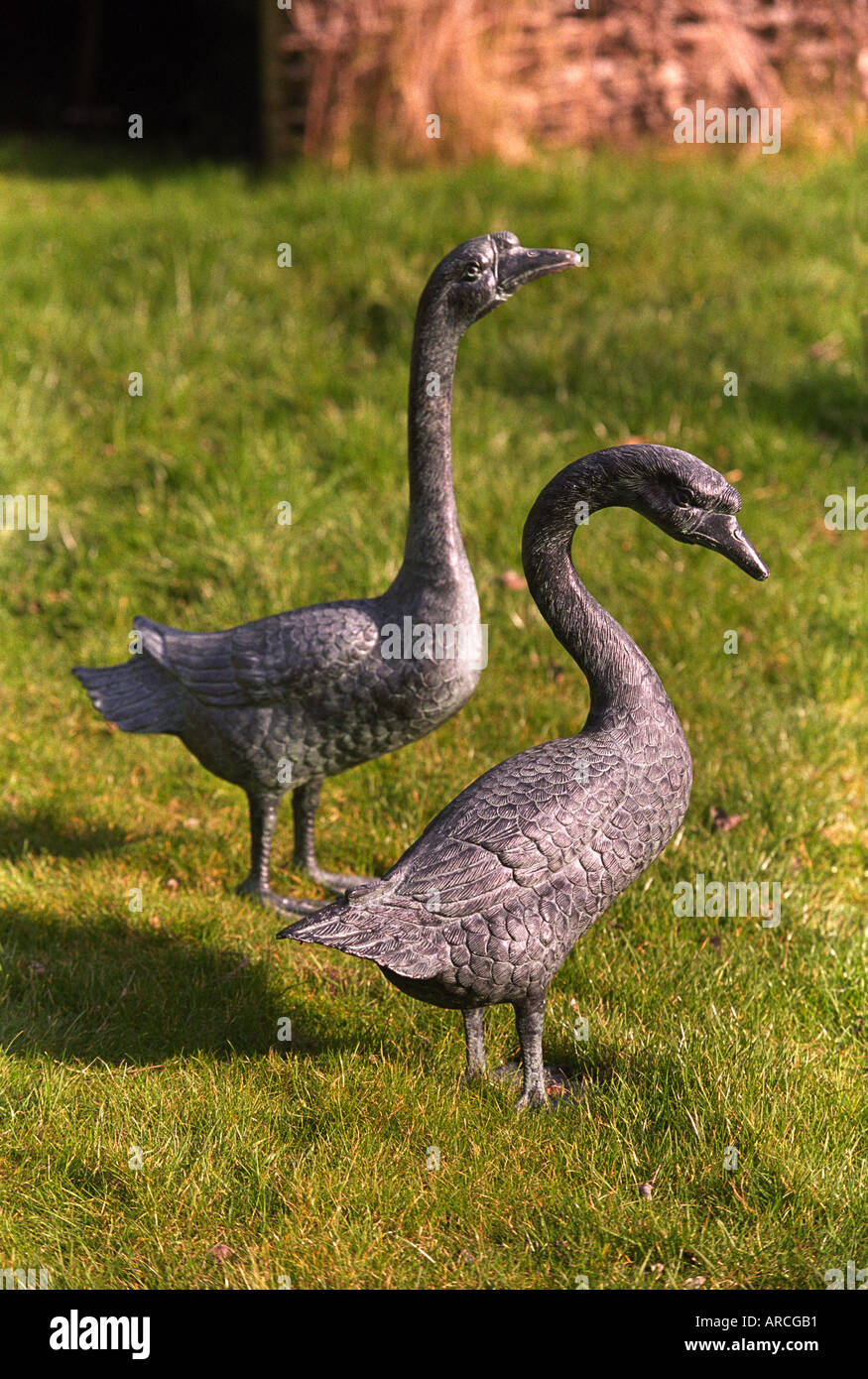 EIN PAAR AUS GUSSEISEN SCHWÄNE IN EINEM GARTEN IN GLOUCESTERSHIRE UK Stockfoto