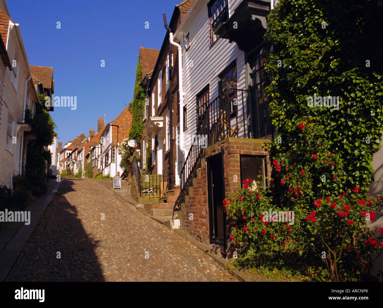 Häuser auf einer gepflasterten Straße, Rye, Sussex, England, UK, Europa Stockfoto