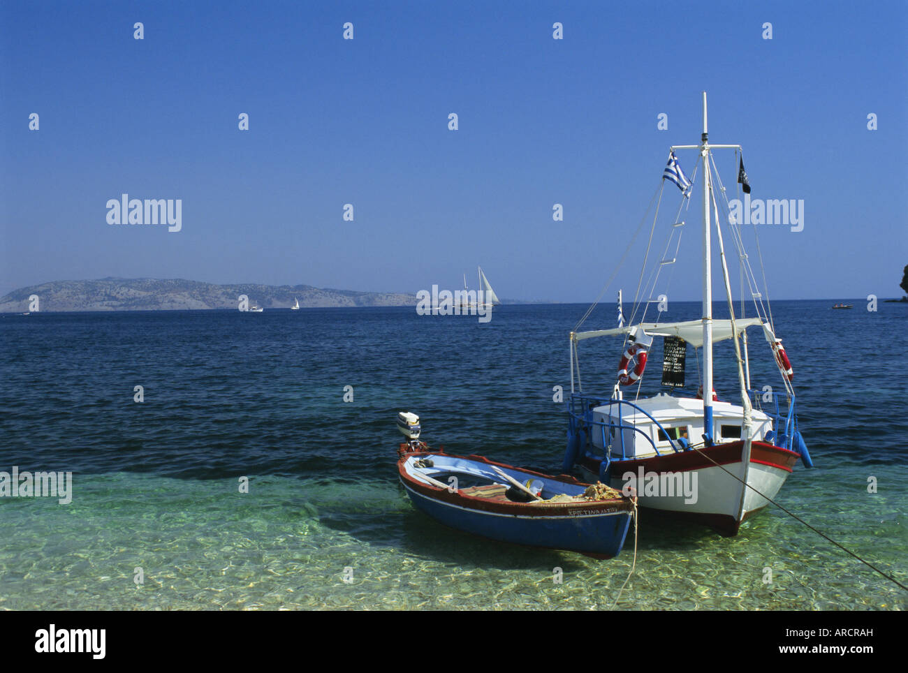 Griechischen Boote, Kalami Bucht, Corfu, Ionische Inseln, Griechenland, Europa Stockfoto