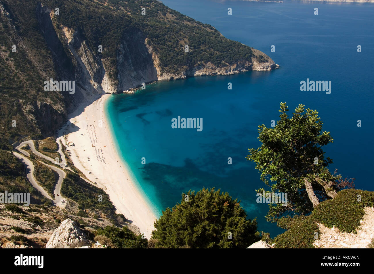 Myrtos Strand, der beste Strand Sand in der Nähe von Assos, Kefalonia (Cephalonia), Griechenland, Europa Stockfoto