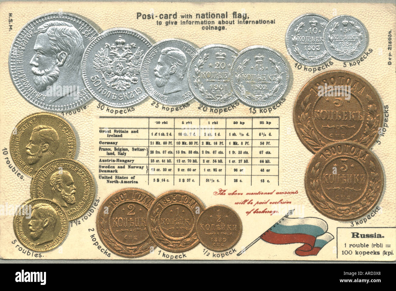 Chromolithographed und geprägte Ansichtskarte von russischen Münzen um 1910 Stockfoto