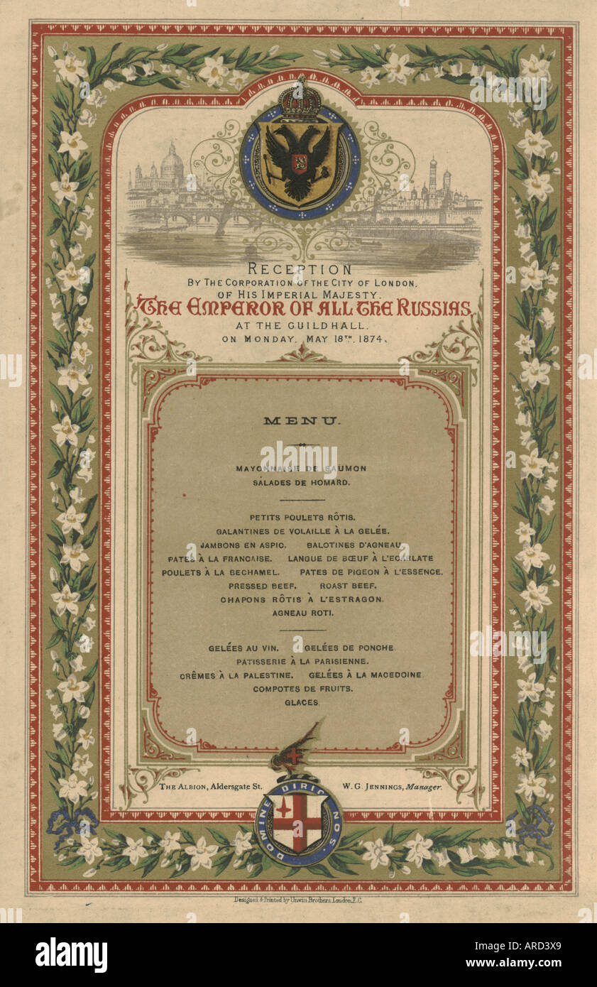 Chromolithographed und vergoldeten Menü für den London-Empfang des russischen Kaisers 1874 Stockfoto