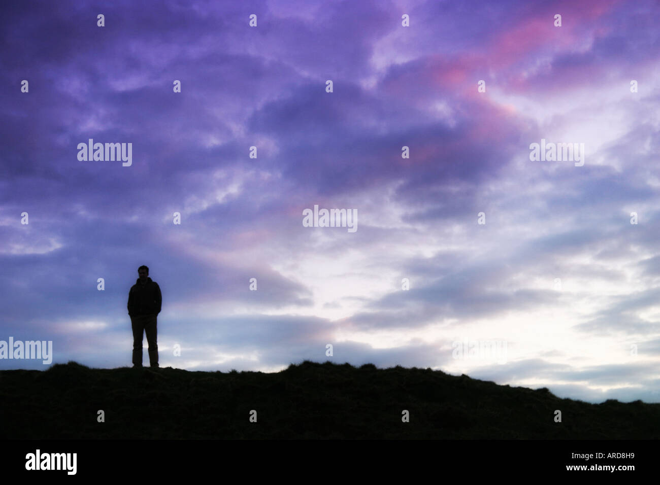 Mann stand auf einem Hügel bei Sonnenuntergang Stockfoto