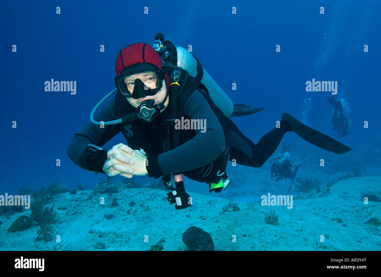 Männlichen Taucher Unterwasser Cozumel Mexiko Stockfoto