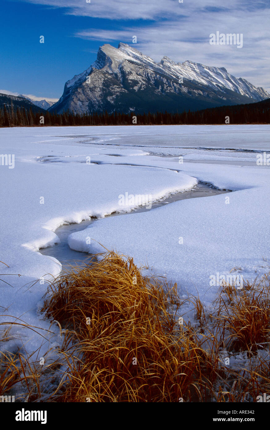 Mount Rundle und gefrorenen Vermillion-See im Winter. Stockfoto