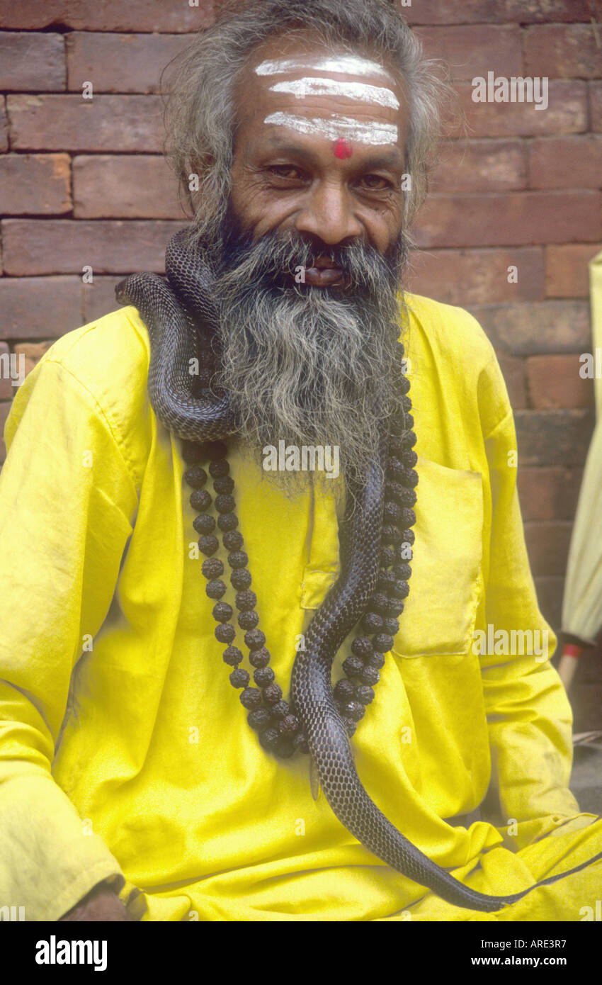Lächelnd Ocker gekleidet Saddhu mit bemaltem Gesicht Spulen eine Schlange um seinen Hals während des Wartens auf Almosen in Indien Stockfoto