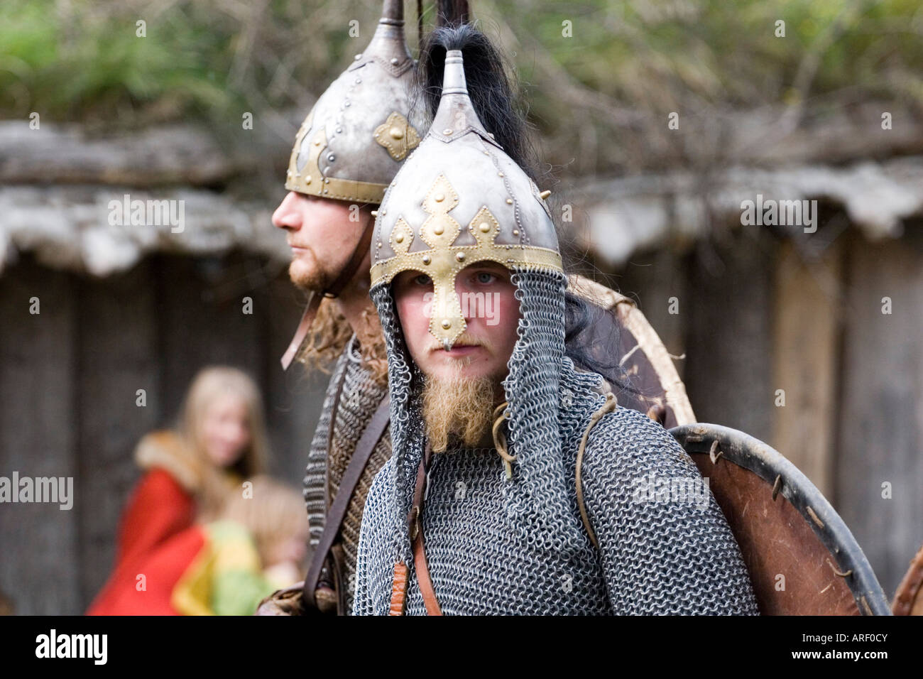 Nahaufnahme eines Wikinger-Krieger auf eine Nachstellung der Schlacht in Dänemark Stockfoto