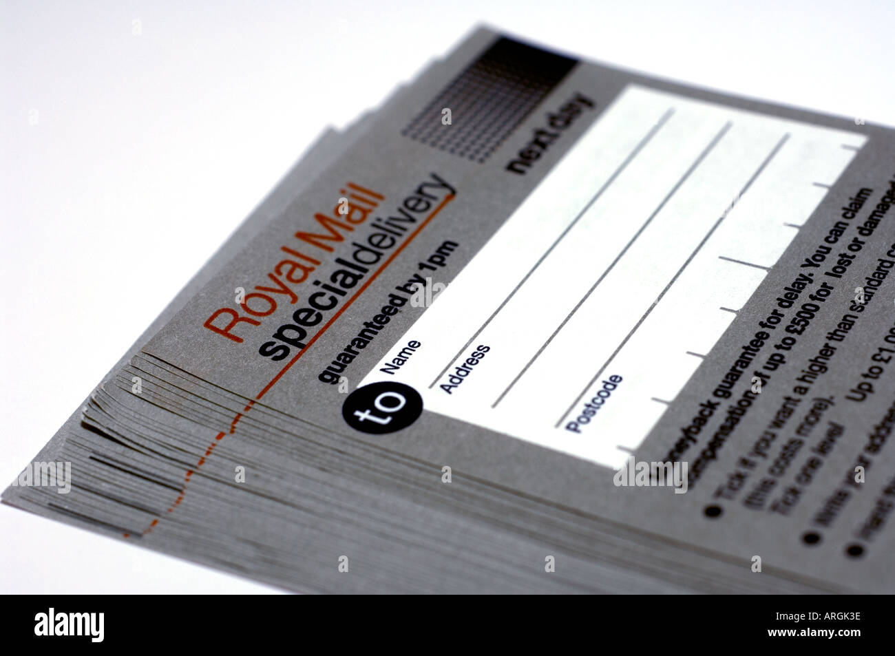 Verschiedene britische Post mailing rutscht für Sonderzustellung Einschreiben mit Rückschein etc. Stockfoto