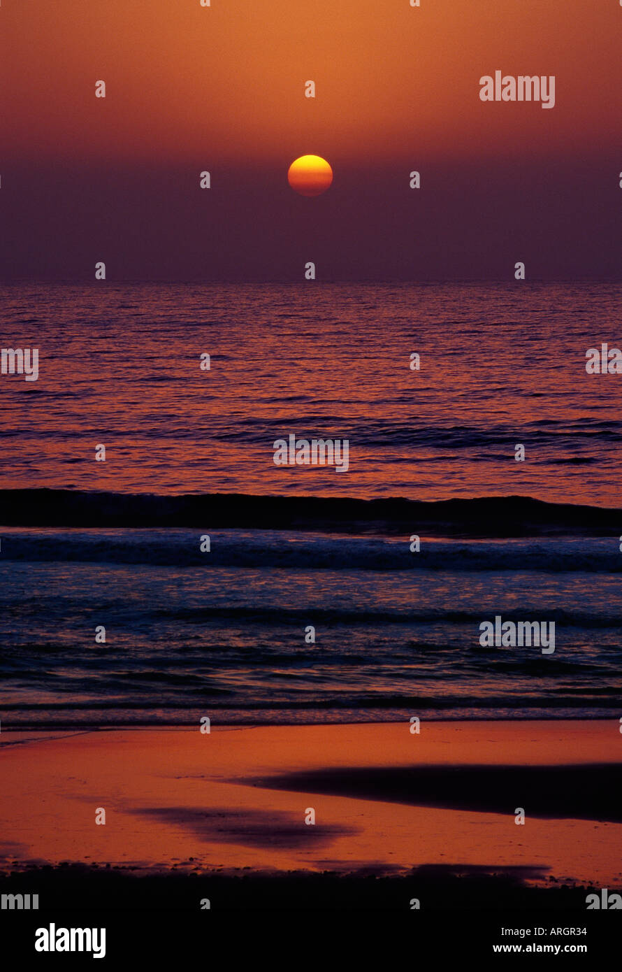 Sonnenuntergang in Mirleft Strand, Marokko, Afrika. Stockfoto