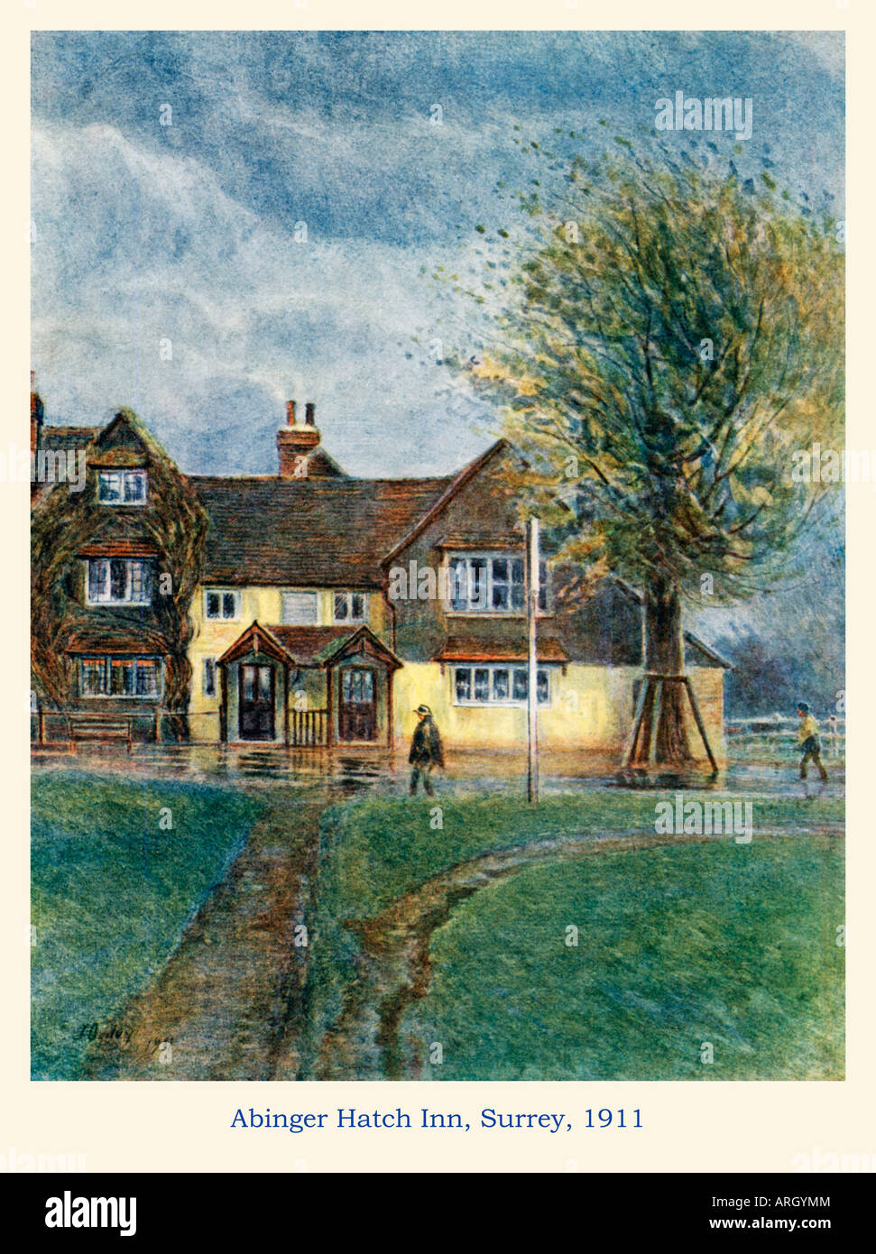 Aquarell, Abinger Luke Inn 1911 im örtlichen Pub im Dorf am Fuße des Surrey Hills auf einem nassen und windigen Tag Stockfoto