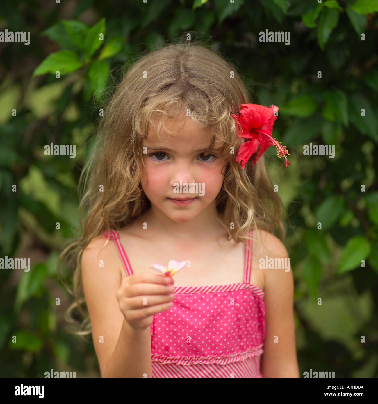 Junges Mädchen mit rosa Blume im Haar auf Moorea in Tahiti Stockfoto