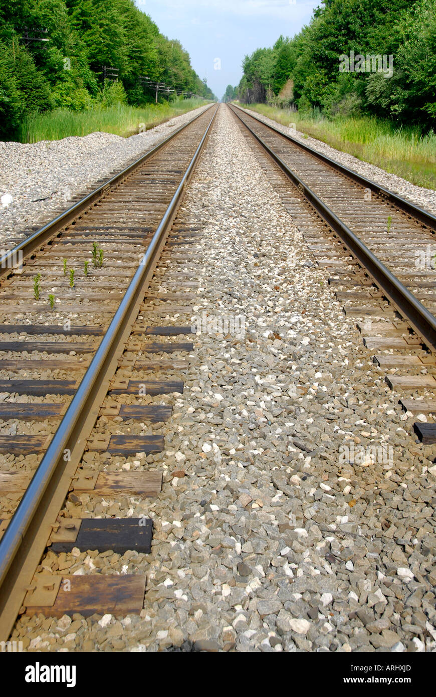 Zwei Sätze von Eisenbahnschienen führen bis ins unendliche Stockfoto