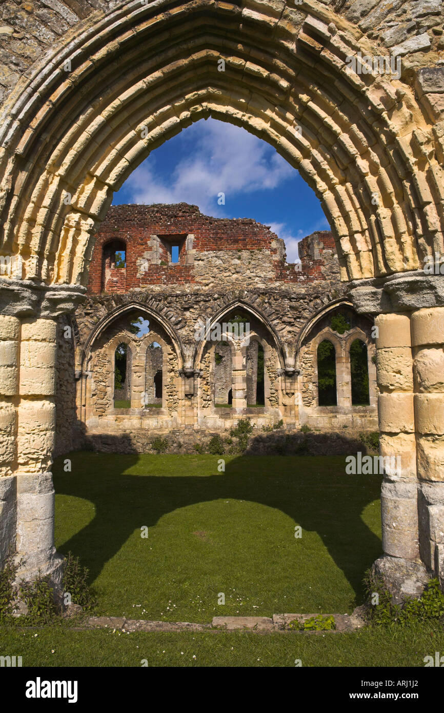 Blick durch eines der aufwendigen Torbögen in den Ruinen der Abtei Stockfoto