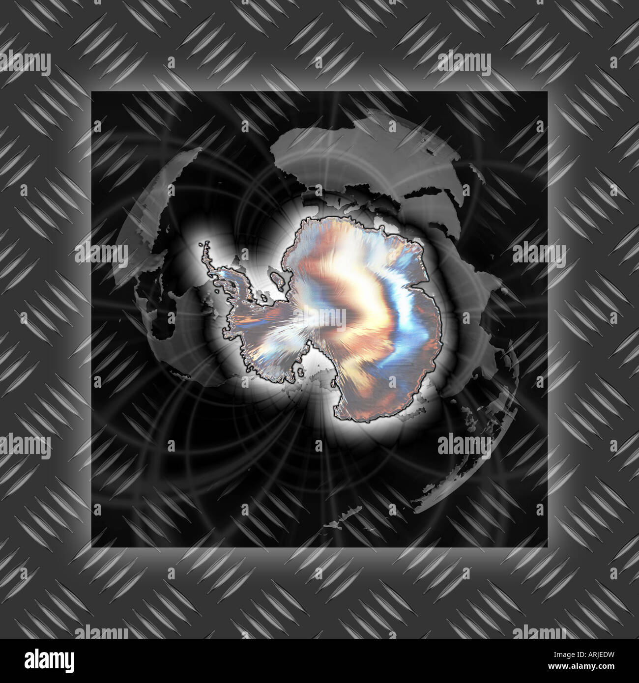 Stilisierte schimmernden Karte der Antarktis zentriert gegen dunklen grauen Hintergrund zeigt Kontinente über fünf bar Blech-Oberfläche Stockfoto