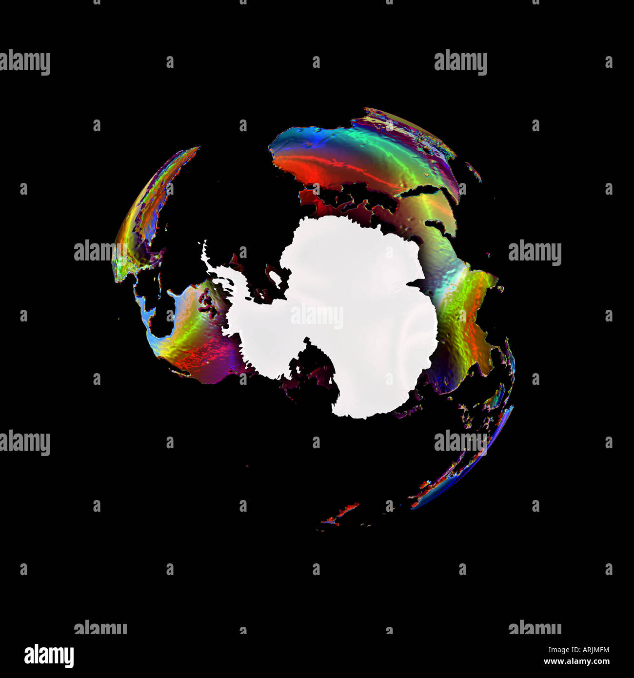 Stilisierte Karte der Antarktis und Kontinenten in schillernden gesättigten metallischen Farbtönen gegen Schwarz Stockfoto
