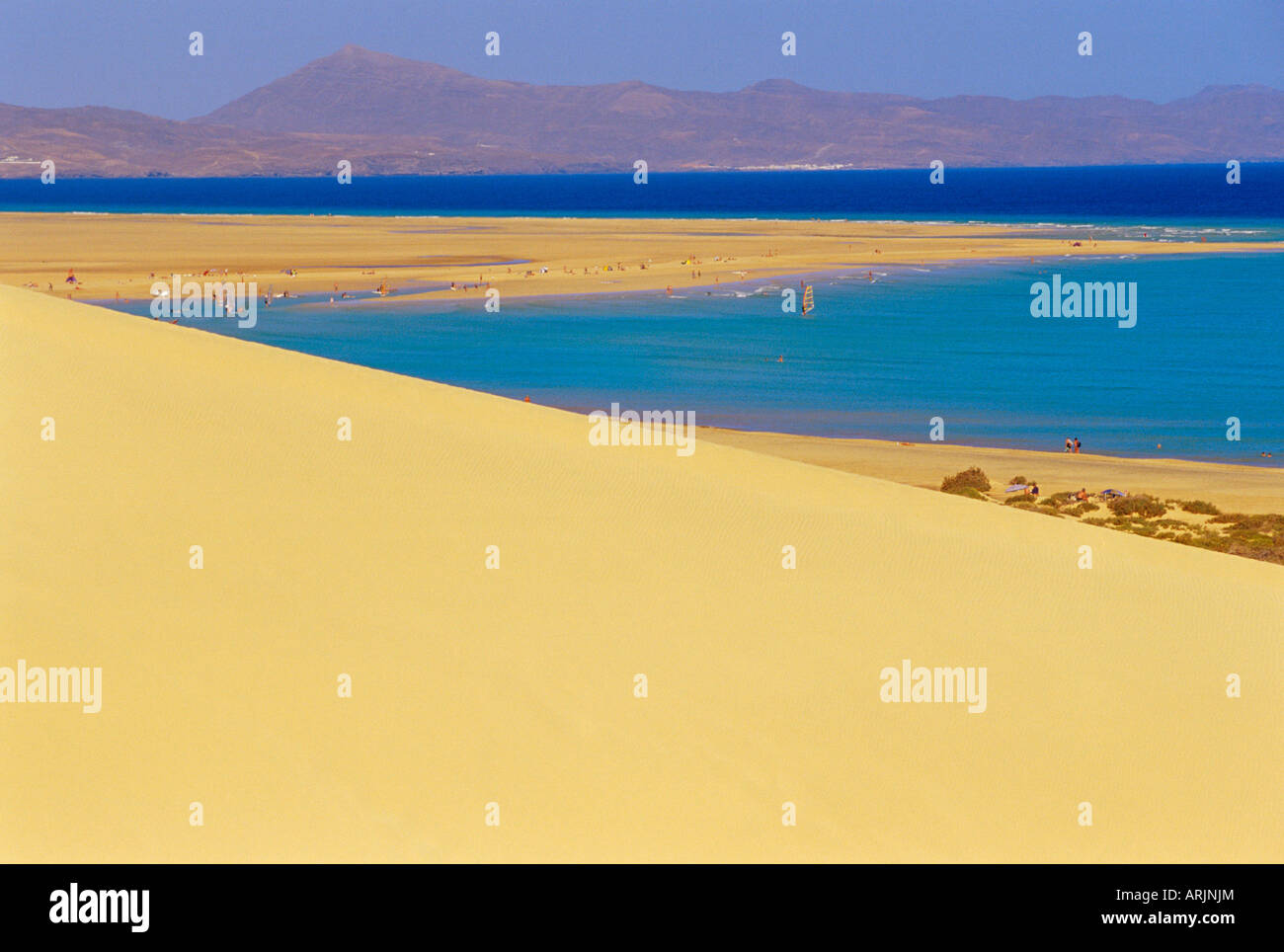 Sandy Dünen und Peninsula de Gandia im Hintergrund, Fuerteventura, Kanarische Inseln, Spanien Stockfoto